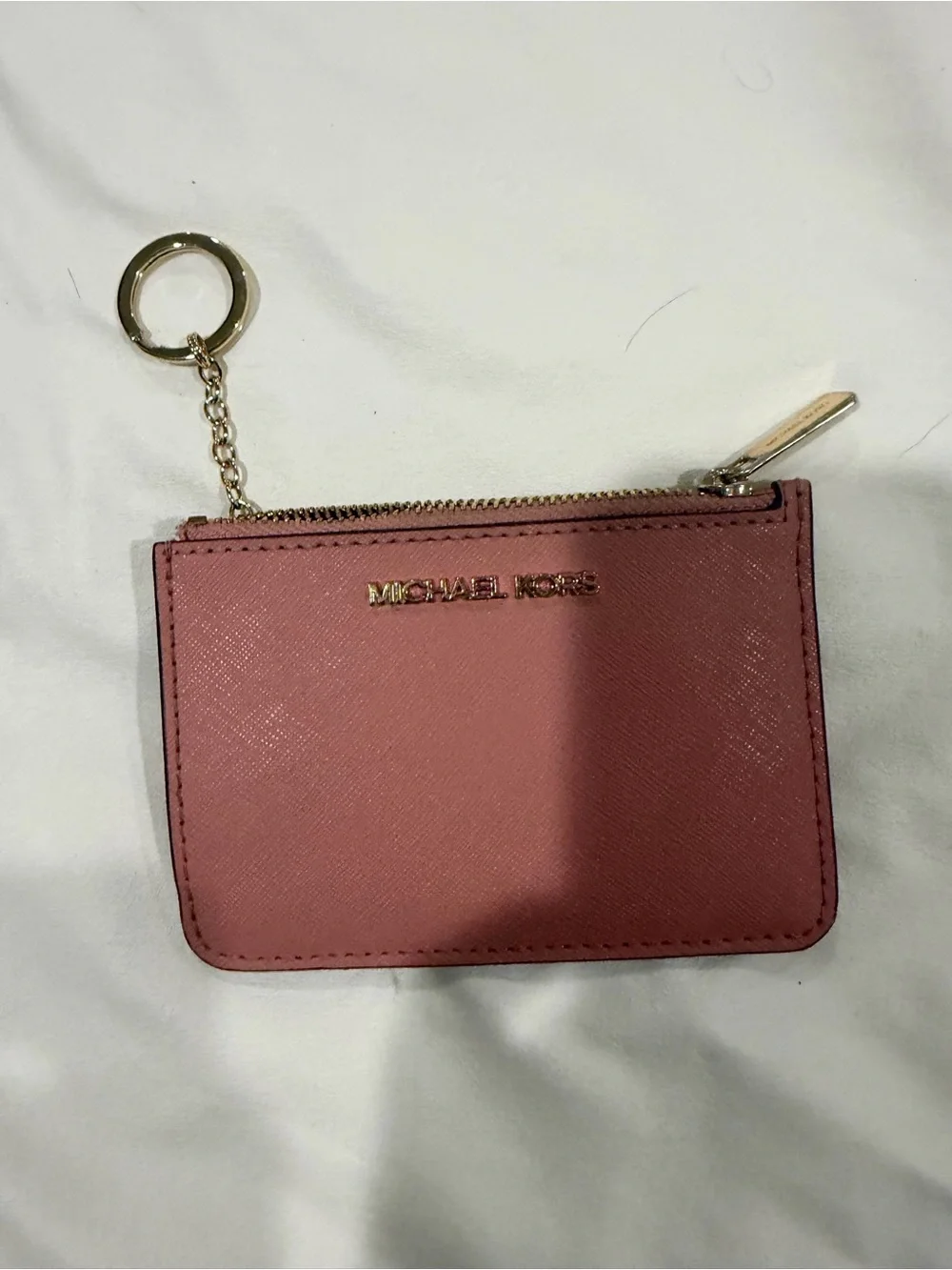Michael Kors Rose Pink Saffiano Leather Key Card Pouch with Gold Hardware